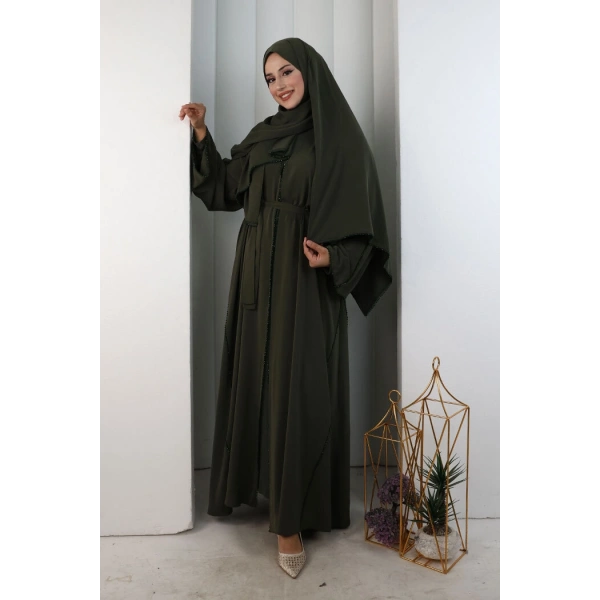 Kristal Taşlı Şallı Abaya 9205 Haki