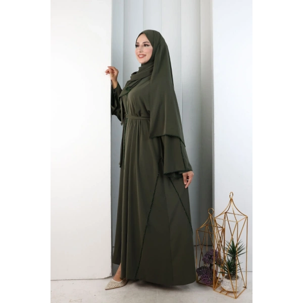 Kristal Taşlı Şallı Abaya 9205 Haki