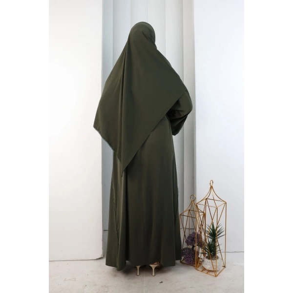 Kristal Taşlı Şallı Abaya 9205 Haki