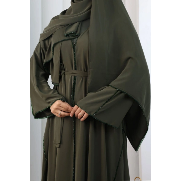 Kristal Taşlı Şallı Abaya 9205 Haki