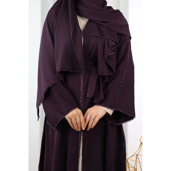 Kristal Taşlı Şallı Abaya 9205 Mor