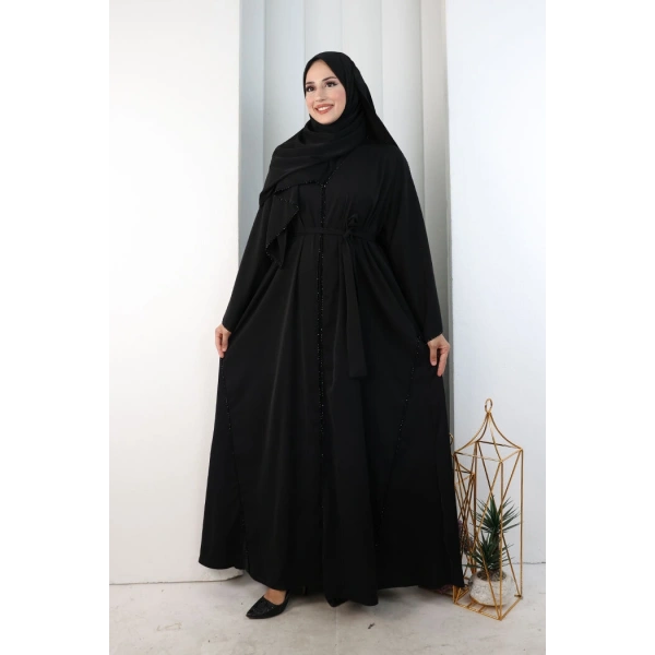 Kristal Taşlı Şallı Abaya 9205 Siyah