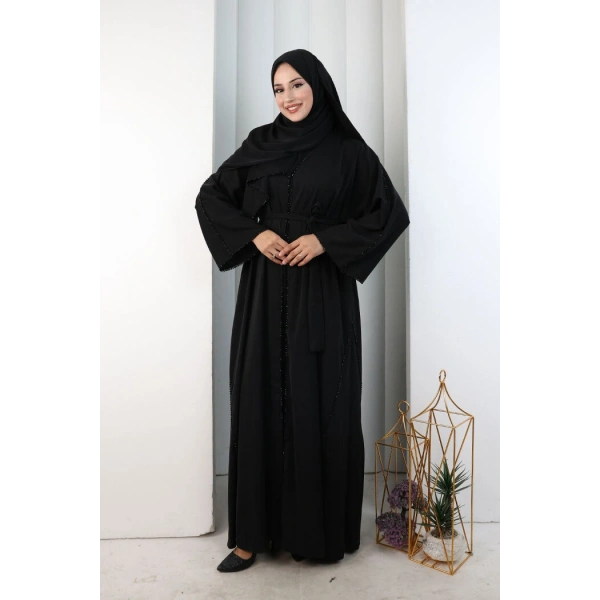 Kristal Taşlı Şallı Abaya 9205 Siyah