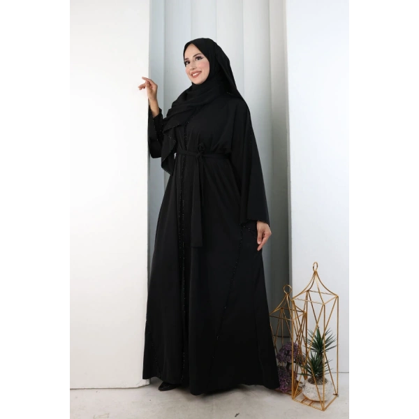Kristal Taşlı Şallı Abaya 9205 Siyah