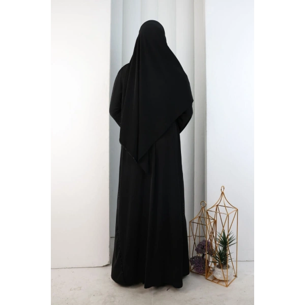 Kristal Taşlı Şallı Abaya 9205 Siyah