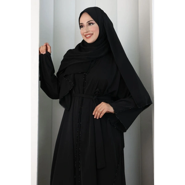 Kristal Taşlı Şallı Abaya 9205 Siyah