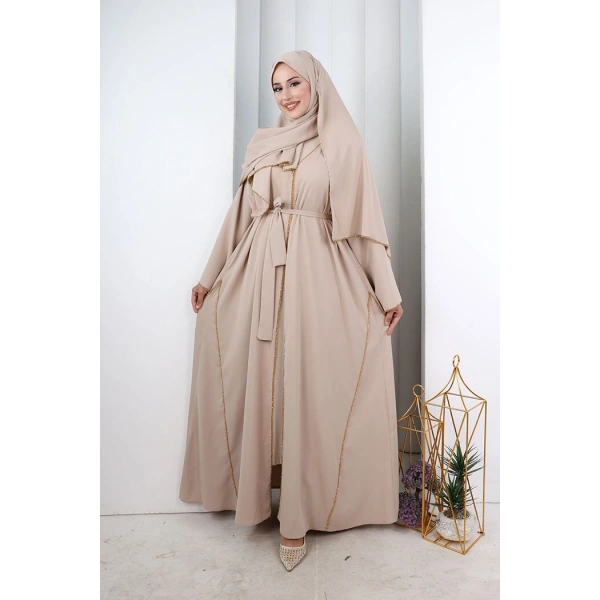 Kristal Taşlı Şallı Abaya 9205 Taş
