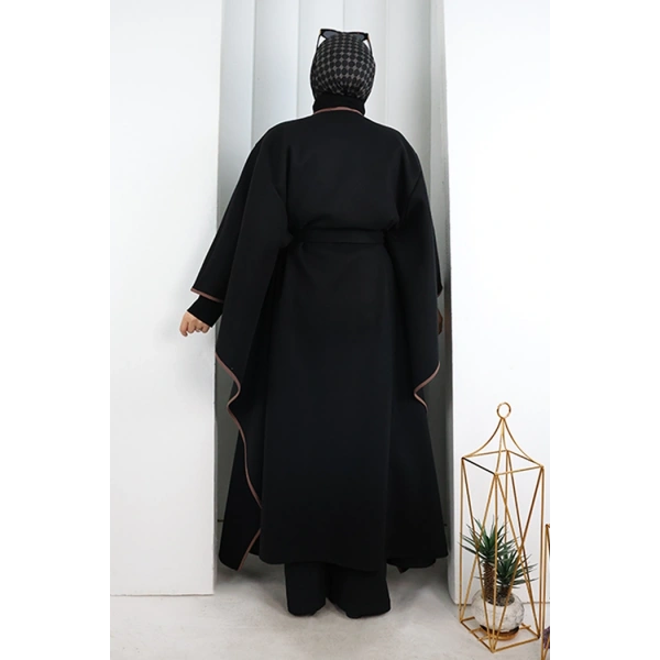 Kuşaklı Geniş Kol Kaşe Panço 70038 Siyah