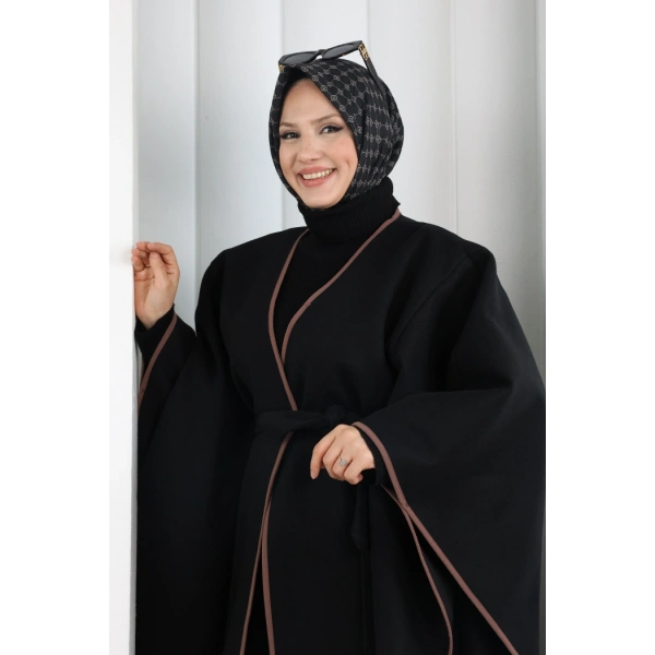 Kuşaklı Geniş Kol Kaşe Panço 70038 Siyah