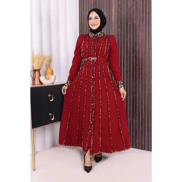 Leopar Biyeli Kemerli Elbise 3930 Bordo