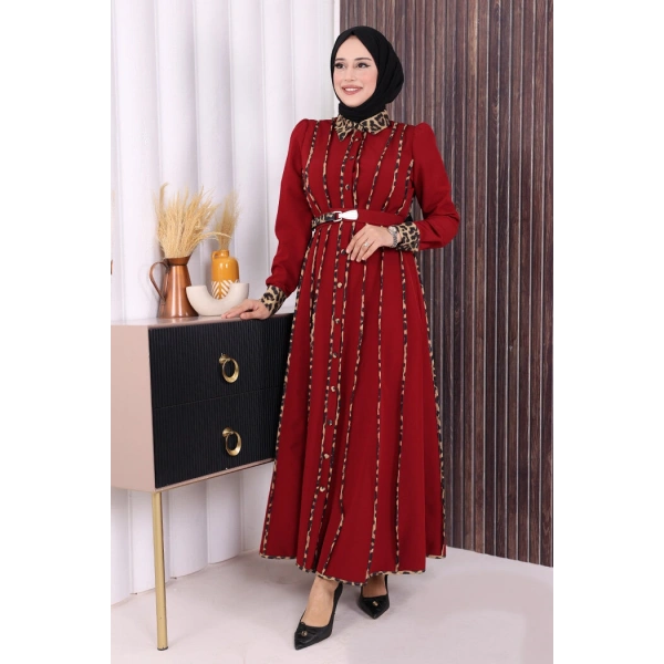 Leopar Biyeli Kemerli Elbise 3930 Bordo