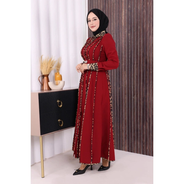 Leopar Biyeli Kemerli Elbise 3930 Bordo