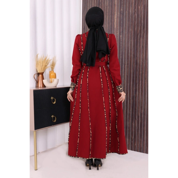 Leopar Biyeli Kemerli Elbise 3930 Bordo