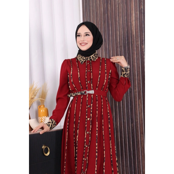 Leopar Biyeli Kemerli Elbise 3930 Bordo