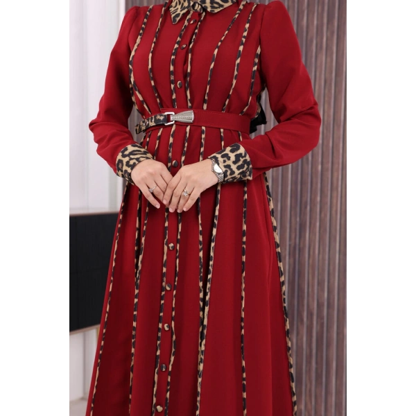 Leopar Biyeli Kemerli Elbise 3930 Bordo