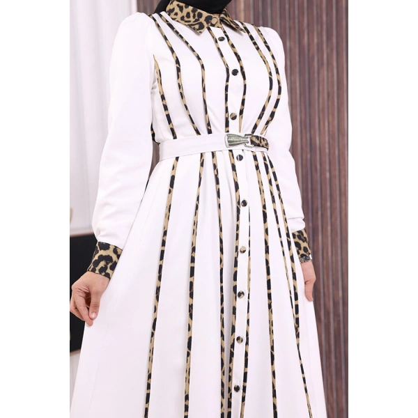 Leopar Biyeli Kemerli Elbise 3930 Ekru