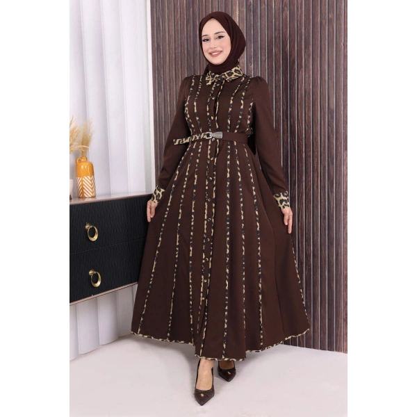 Leopar Biyeli Kemerli Elbise 3930 Kahverengi