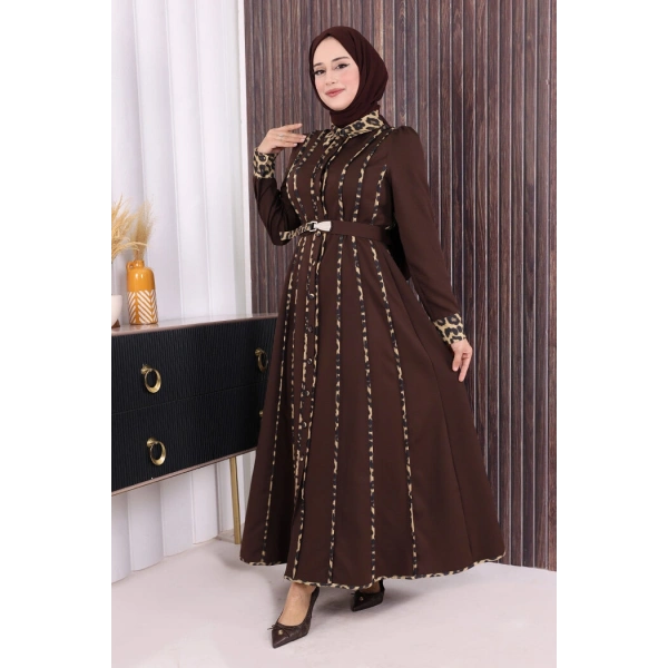 Leopar Biyeli Kemerli Elbise 3930 Kahverengi