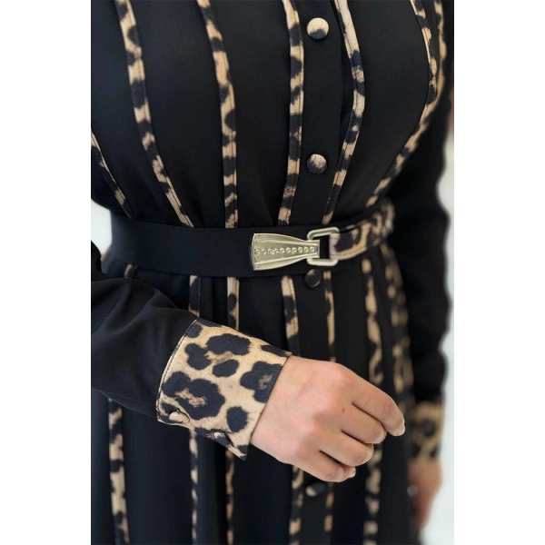 Leopar Biyeli Kemerli Elbise 3930 Siyah
