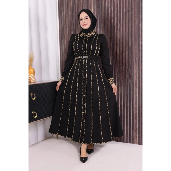 Leopar Biyeli Kemerli Elbise 3930 Siyah