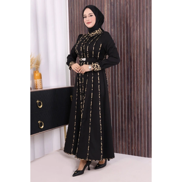 Leopar Biyeli Kemerli Elbise 3930 Siyah