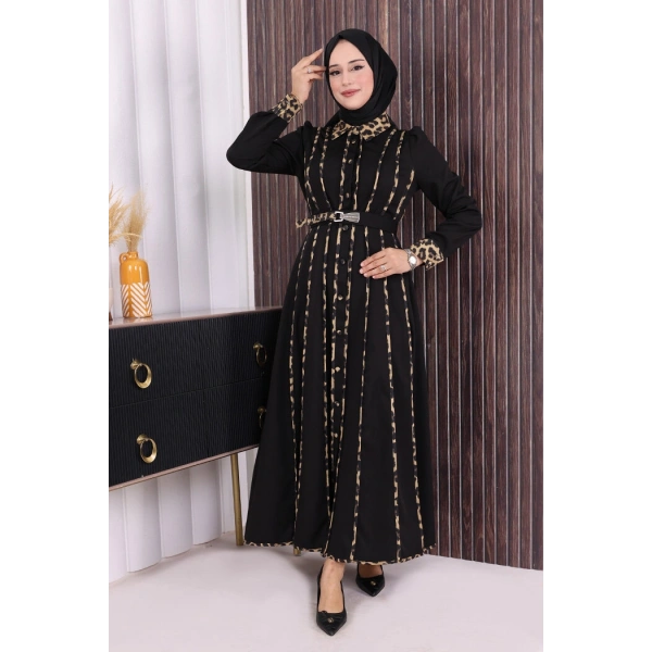 Leopar Biyeli Kemerli Elbise 3930 Siyah