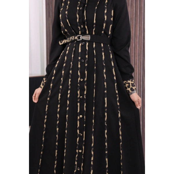 Leopar Biyeli Kemerli Elbise 3930 Siyah