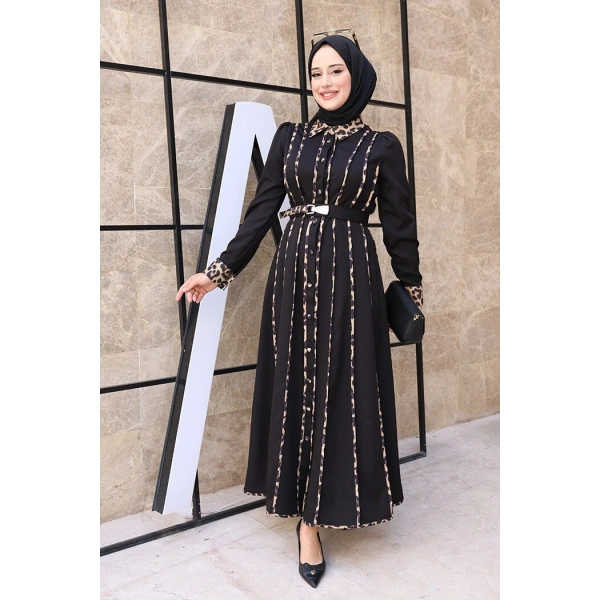 Leopar Biyeli Kemerli Elbise 3930 Siyah