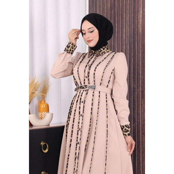 Leopar Biyeli Kemerli Elbise 3930 Taş