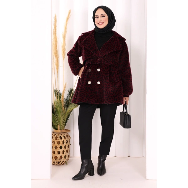 Leopar Düğmeli Kaban 70059-1 Bordo