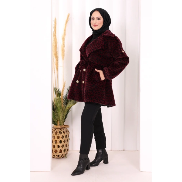 Leopar Düğmeli Kaban 70059-1 Bordo