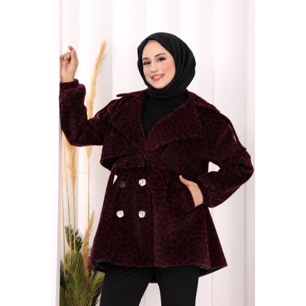 Leopar Düğmeli Kaban 70059-1 Bordo