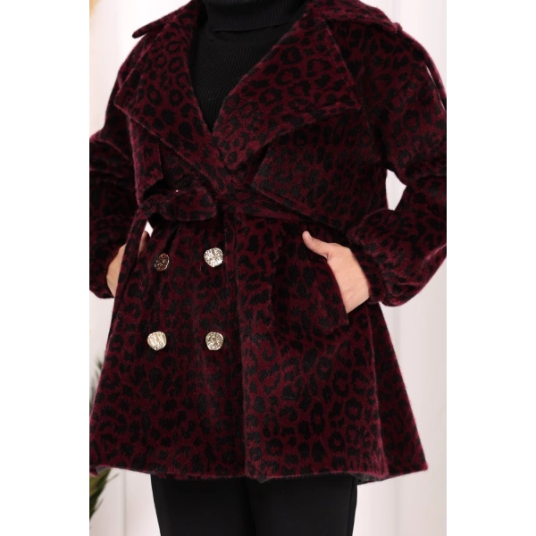 Leopar Düğmeli Kaban 70059-1 Bordo