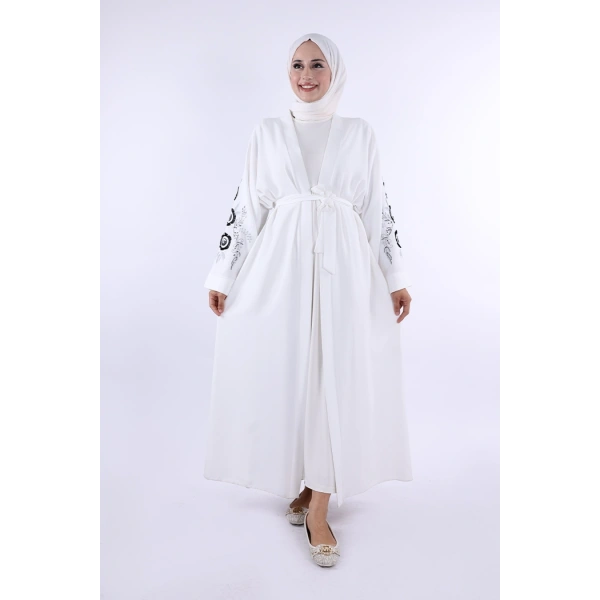 Nakış İşleme Detaylı Bel Kuşaklı Abaya 7898 Ekru