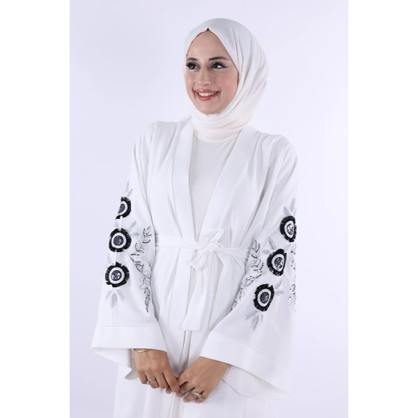 Nakış İşleme Detaylı Bel Kuşaklı Abaya 7898 Ekru