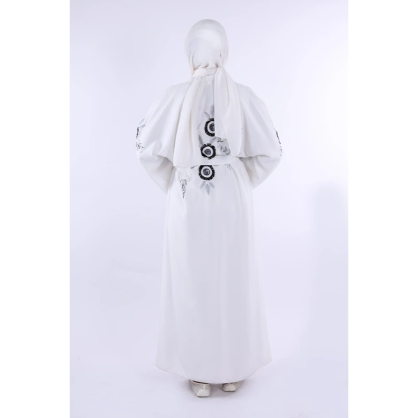Nakış İşleme Detaylı Bel Kuşaklı Abaya 7898 Ekru