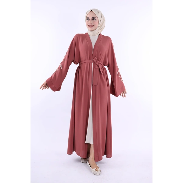 Nakış İşleme Detaylı Bel Kuşaklı Abaya 7898 Gül Kurusu