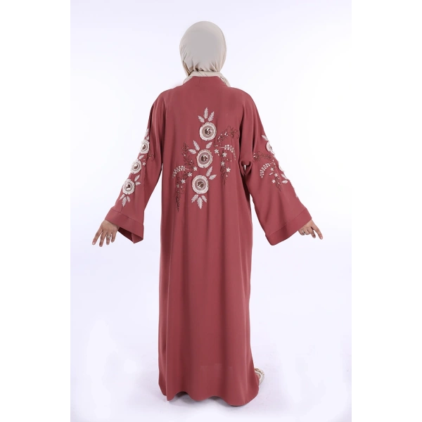 Nakış İşleme Detaylı Bel Kuşaklı Abaya 7898 Gül Kurusu