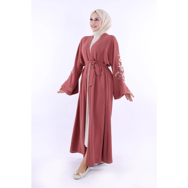 Nakış İşleme Detaylı Bel Kuşaklı Abaya 7898 Gül Kurusu