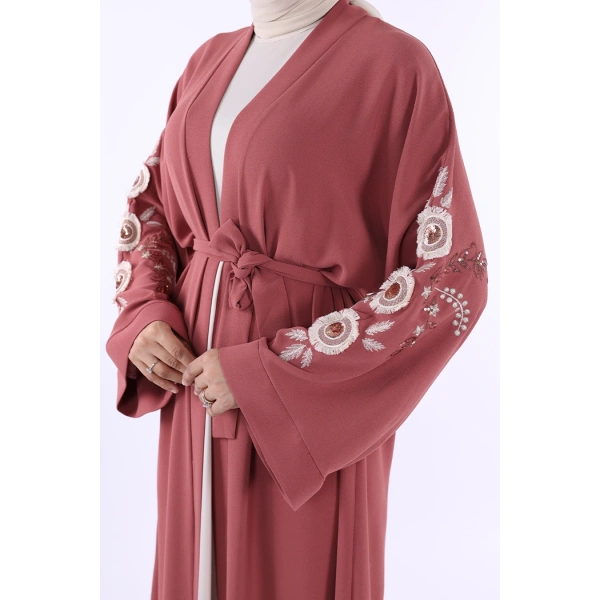 Nakış İşleme Detaylı Bel Kuşaklı Abaya 7898 Gül Kurusu