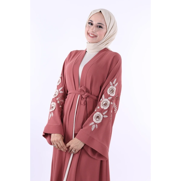Nakış İşleme Detaylı Bel Kuşaklı Abaya 7898 Gül Kurusu