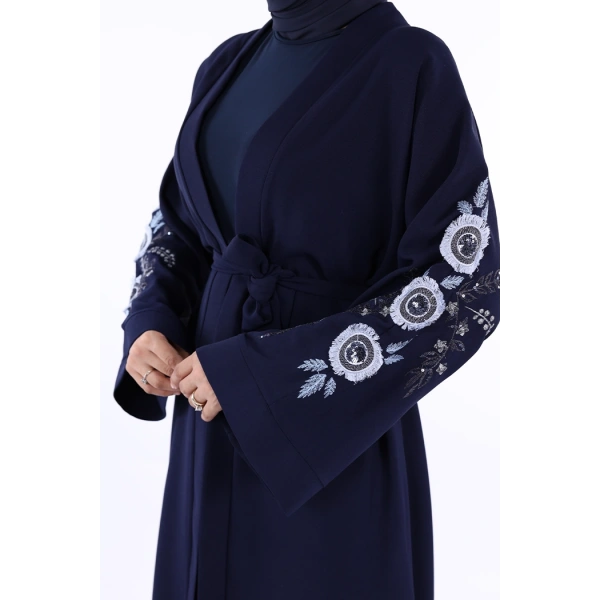 Nakış İşleme Detaylı Bel Kuşaklı Abaya 7898 Lacivert