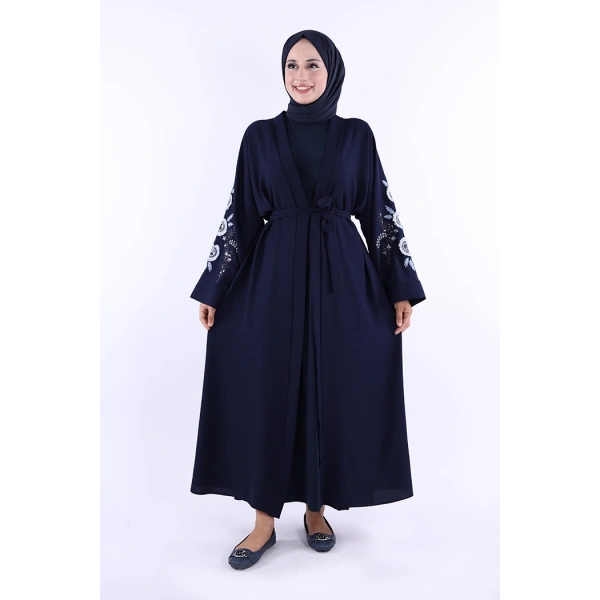 Nakış İşleme Detaylı Bel Kuşaklı Abaya 7898 Lacivert