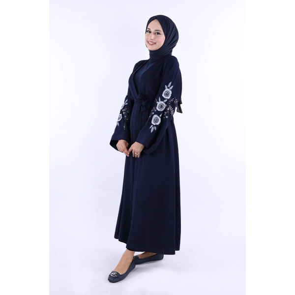 Nakış İşleme Detaylı Bel Kuşaklı Abaya 7898 Lacivert