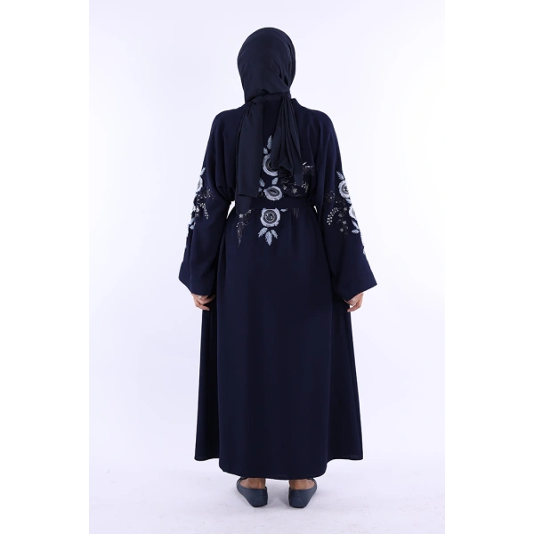 Nakış İşleme Detaylı Bel Kuşaklı Abaya 7898 Lacivert