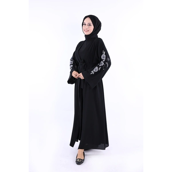 Nakış İşleme Detaylı Bel Kuşaklı Abaya 7898 Siyah