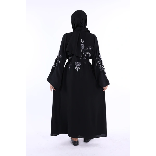 Nakış İşleme Detaylı Bel Kuşaklı Abaya 7898 Siyah