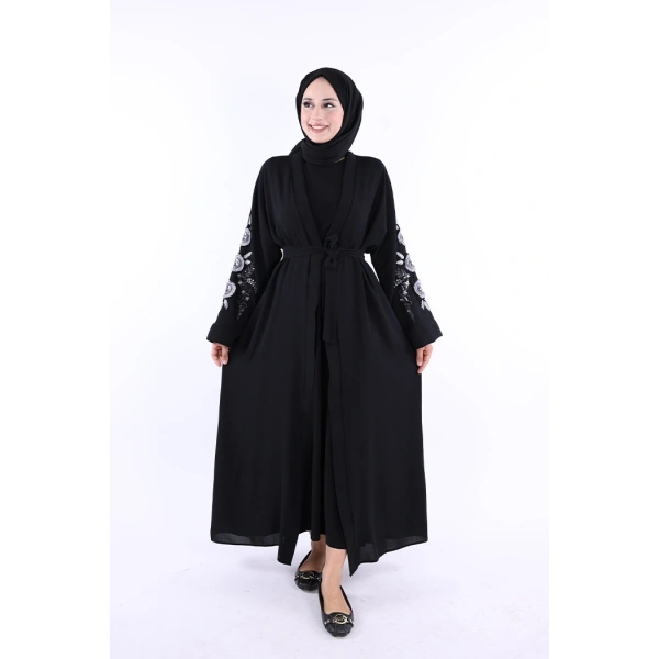 Nakış İşleme Detaylı Bel Kuşaklı Abaya 7898 Siyah