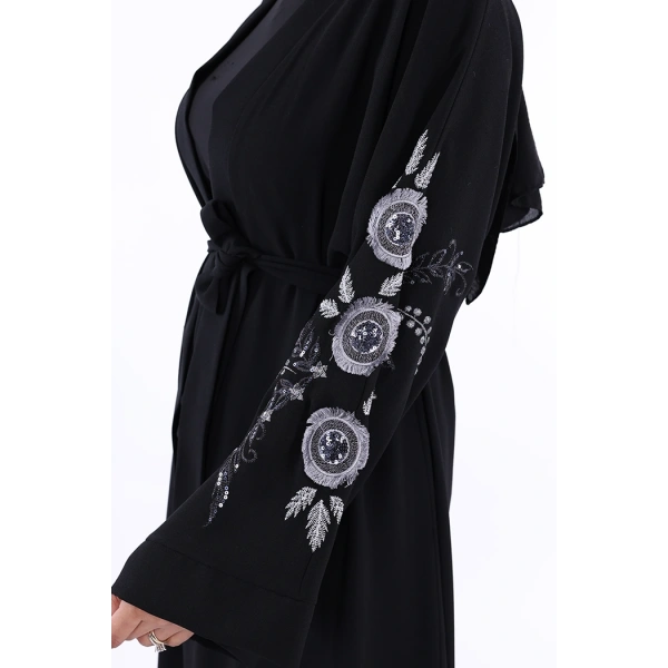 Nakış İşleme Detaylı Bel Kuşaklı Abaya 7898 Siyah
