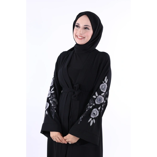 Nakış İşleme Detaylı Bel Kuşaklı Abaya 7898 Siyah